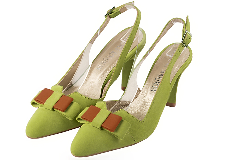 Pistachio green women's open back shoes, with a knot. Tapered toe. High slim heel. Front view - Florence KOOIJMAN